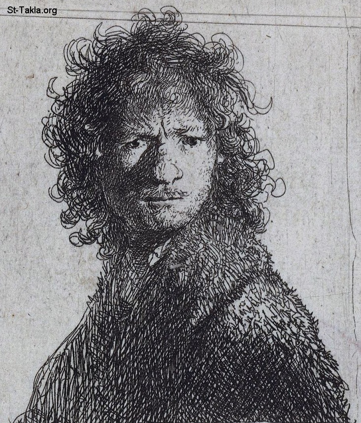 St-Takla.org         Rembrandt van Rijn 1606-1669, Harmensz, Netherlands - One of the artist's earliest prints belongs to a series of etchings in which he portrayed himself with a range of extreme facial expressions. Here he has depicted himself in an angry mood. He appears to have turned his head with sudden violence, giving the picture a sense of spontaneity. Rembrandt s face is partly shaded. His unkempt hair and swarthy fur coat accentuate the dark look on his face صورة: للفنان رامبران فان ريجين، لوحة لنفسه وهو غاضب - حفر قوالب - 1630
