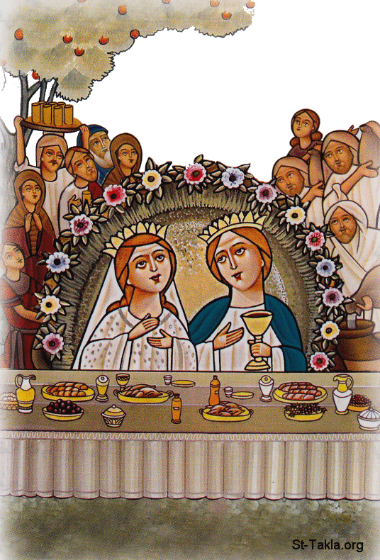 St-Takla.org Image: Marriage of Isaac and Rebecca (Ishak and Refka), Coptic art by Sis. Sawsan     :    ɡ      