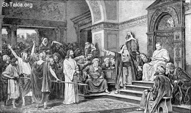 St-Takla.org Image: Christ brought before Pilate (Jesus tried before Pilate):Mark 15:2 - by Michael Mukacsy. bx14     :    ӡ     :  15: 2 -    