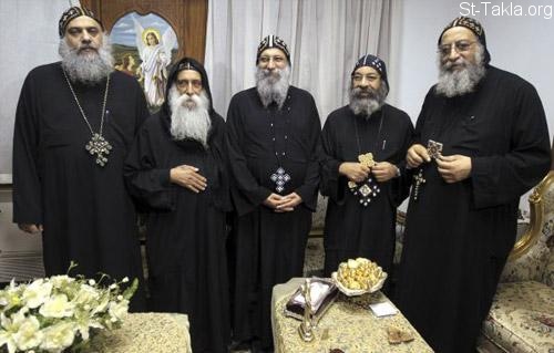 St-Takla.org Image: The last five nominees of the Coptic Papal elections, 2012, for choosing the Coptic Pope #118.  Right to left: His Grace Bishop Tawadrous - His Grace Bishop Raphael - Reverend Father Saraphim El-Soriany - Reverend Father Rophael Avva Mina - Reverend Father Bakhomious El-Soriany     :       (    118    ) - 2012.     :      -      -      -      -     