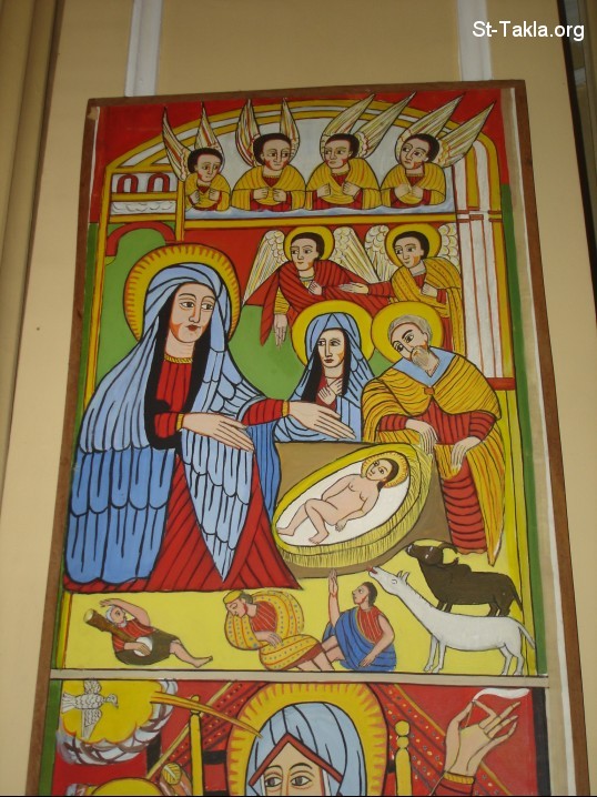 St-Takla.org Image: The Nativity of Jesus Christ, and the visit of the Shepherds - and Ethiopian icon from Addis Ababa University Museum, from St-Takla.org's Ethiopia visit - Photograph by Michael Ghaly for St-Takla.org, April-June 2008     :       ɡ ϡ      ǡ        -    :   ǡ  -  2008