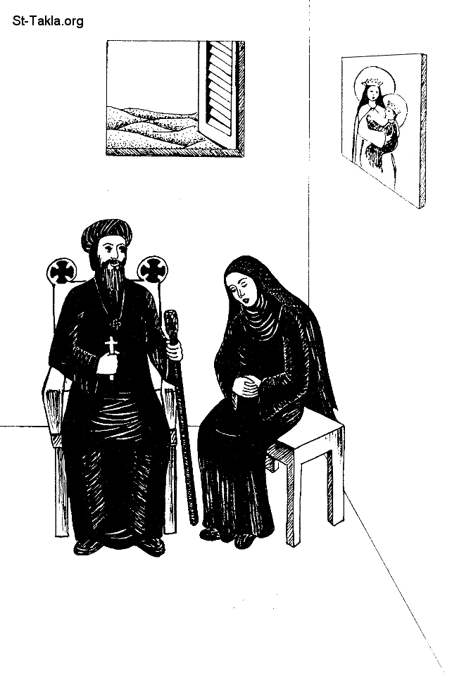 St-Takla.org Image: A Coptic nun confessing to a Bishop by Ghada Maged     :     ݡ   
