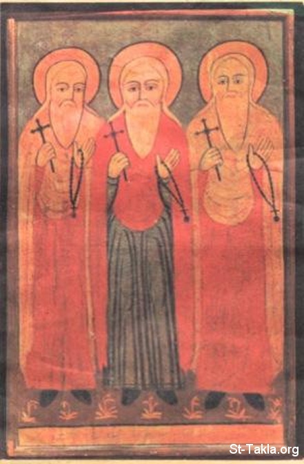 St-Takla.org Image: The three Macarius Saints, right to left: St. Makarios of Alexandria, St. Makarious the Bishop, and Saint Macarious the Great - modern Coptic art icon     :   :      ݡ     -   