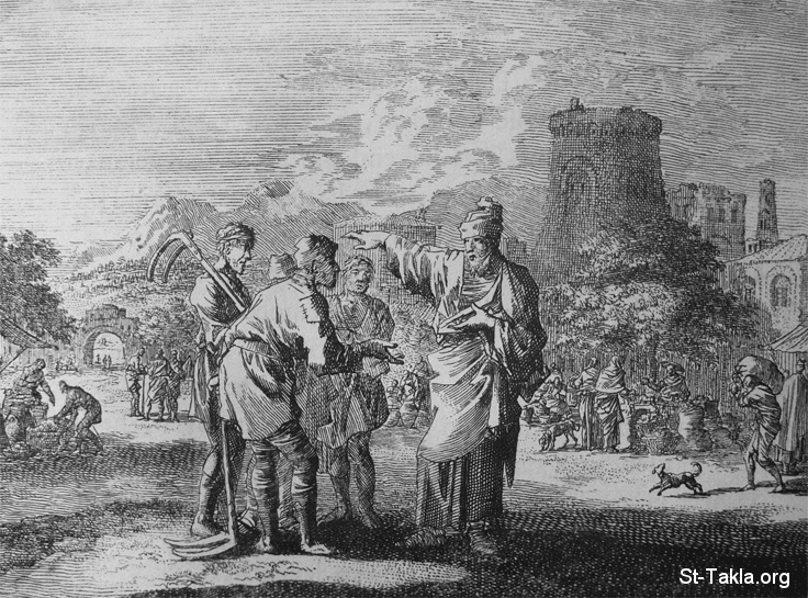 St-Takla.org Image: The Eleventh Hour Laborers, an etching by Jan Luyken illustrating Matthew 20:1-15 in the Bowyer Bible, Bolton, England, 1840     :    11         ( 20: 1-15)    ѡ  ǡ 1840