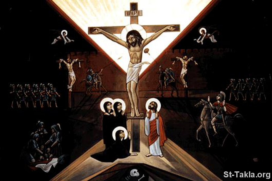 St-Takla.org Image: Modern Coptic icon showing the Crucifixion of Jesus صورة في موقع الأنبا تكلا: أيقونة قبطية حديثة تصور صلب السيد المسيح