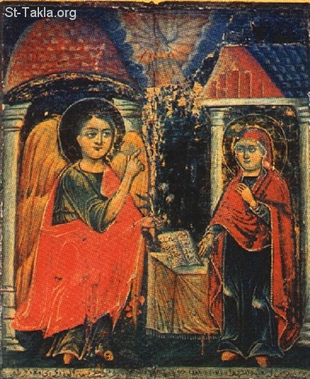 St-Takla.org Image: An old Coptic icon of the Annunciation of Angel Gabriel to St. Mary صورة في موقع الأنبا تكلا: لوحة أيقونة قبطية أثرية تصور البشارة من الملاك جبرائيل للقديسة العذراء مريم